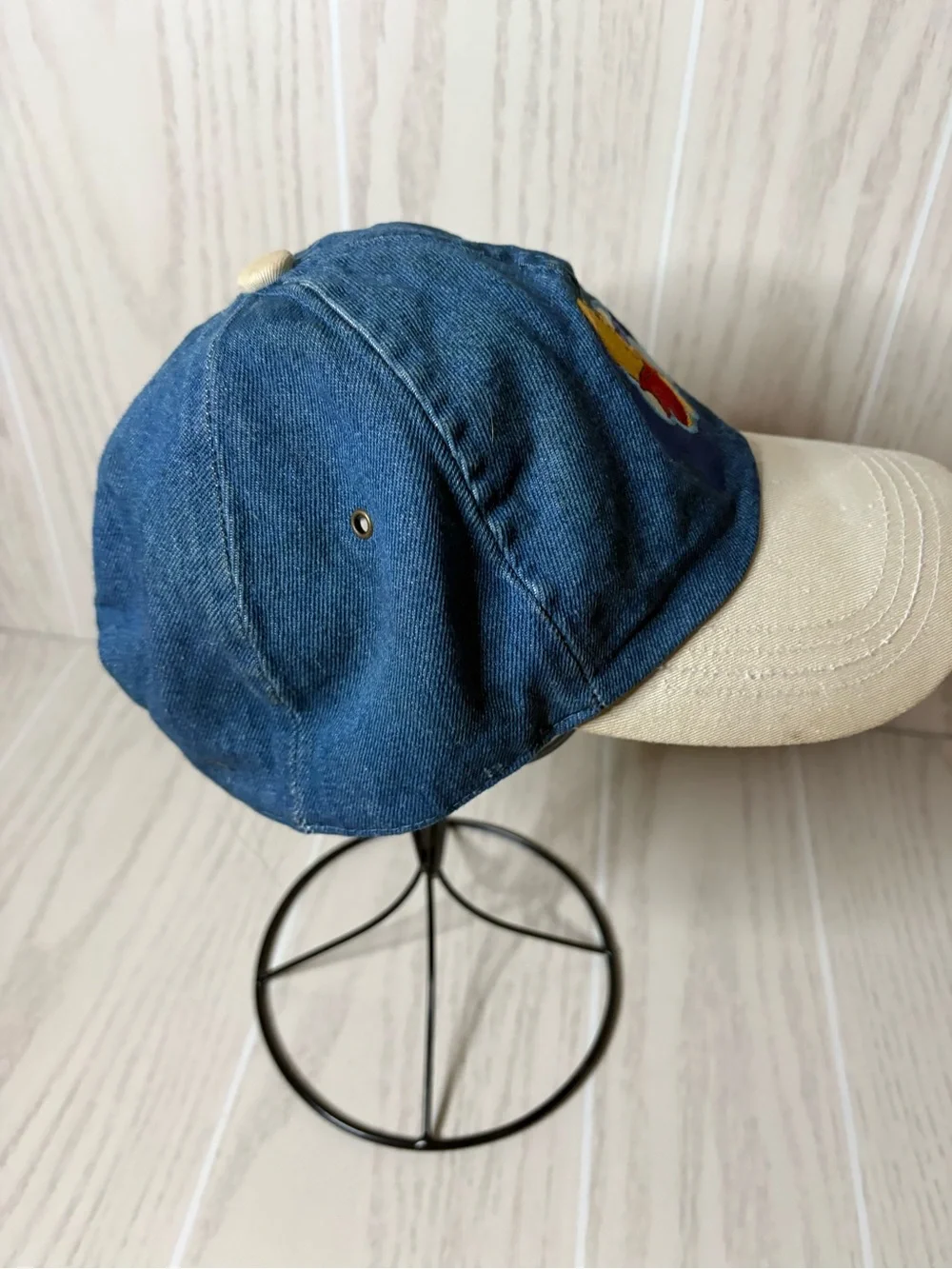 VINTAGE Winnie The Pooh Hat Blue Denim Cap Stretch Back 90s Disney Retro